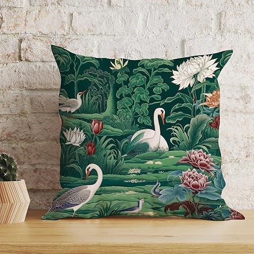 Miniatura 5 de Fundas de cojín con grúa de cisne de loto verde, diseño de pájaros, lirio de agua, ninfaea, floral, cuadradas, estilo asiático, chinoiserie,