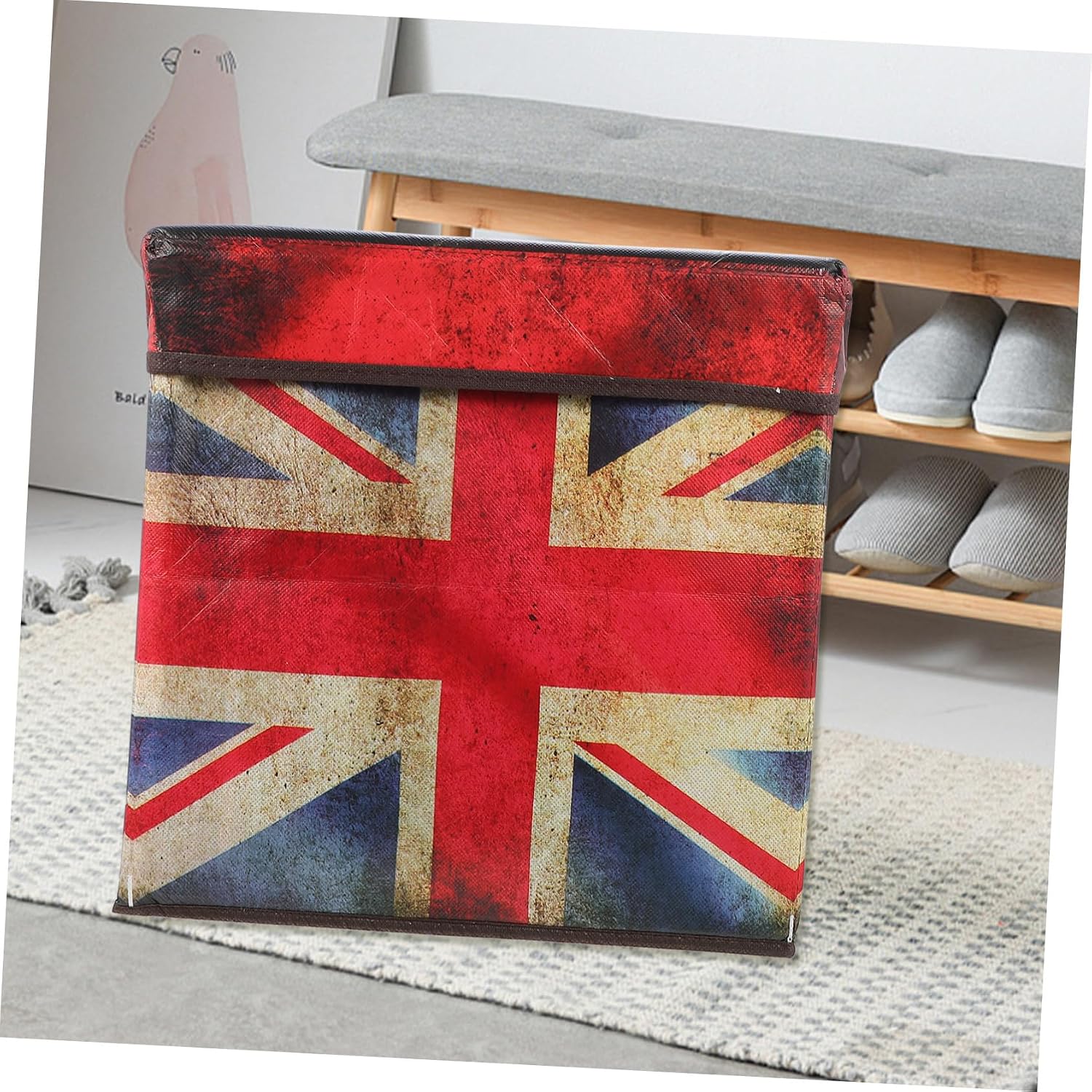 Vintage British Flag Folding Storage Stool with Lid Multi-Functional Home Storage Seat and Footrest Dustproof Organizer Box for Living Bedroom Entryway and Practical Furniture