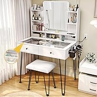 Vista 1 de TC-HOMENY Escritorio de maquillaje con parte superior de cristal, tocador con soporte para herramientas para el cabello y estación de carga, 2