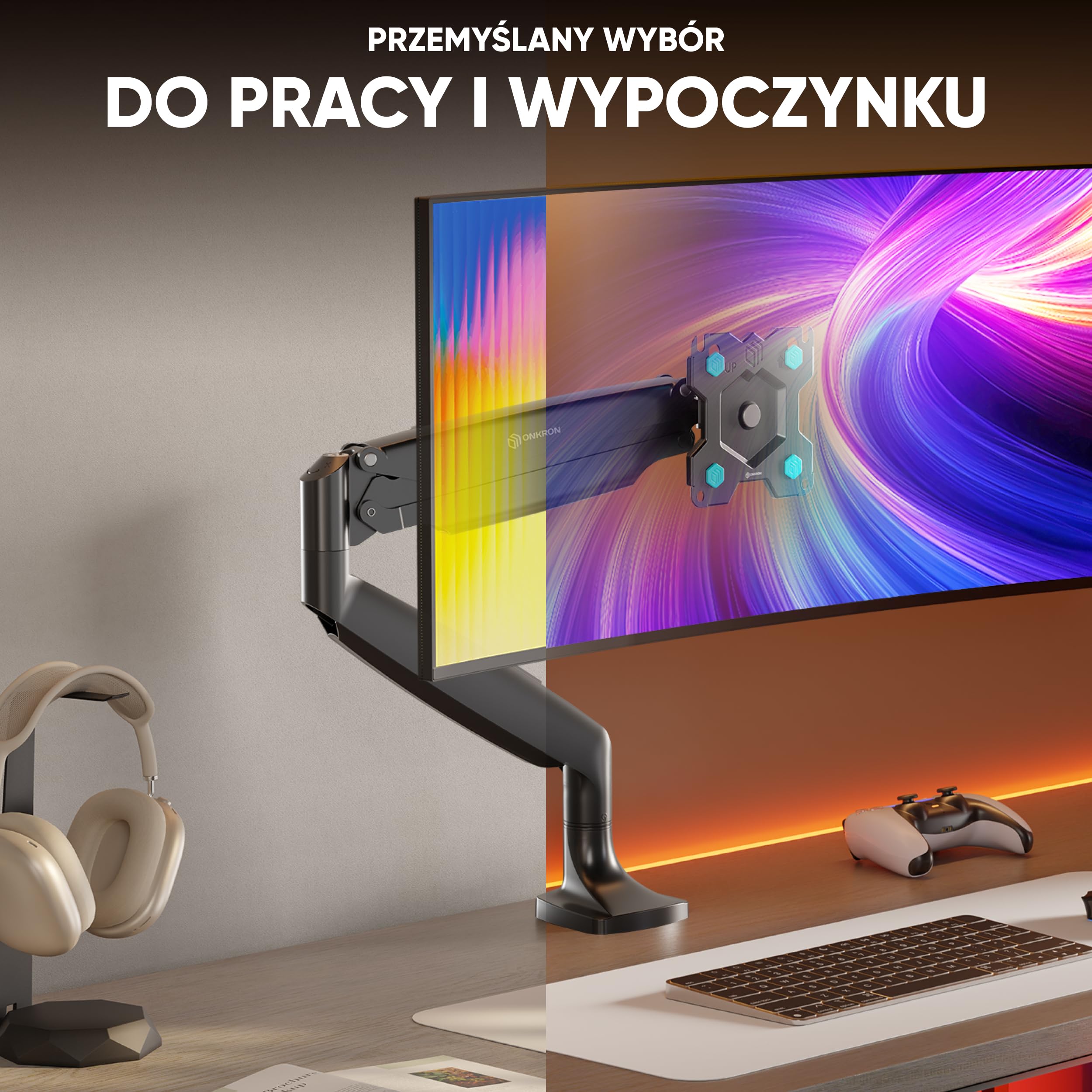 ONKRON Uchwyt do monitora na biurko dla ekranów 13"-32" o maksymalnej wadze 9 kg, Uchwyt monitora PC 1-monitorowy z ramieniem obrotowym i regulowanym kątem nachylenia, Czarny uchwyt na monitor G100-B