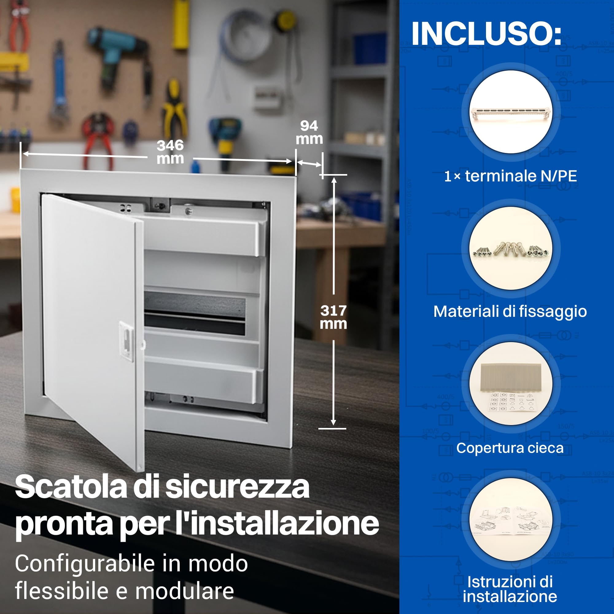 Intratec Quadro Elettrico da Incasso 1 File – Centralino di Distribuzione IP40 per 12 Moduli con Porta Metallica Bianca e Guida DIN per Impianti Elettrici Interni – 346 x 317 x 92mm