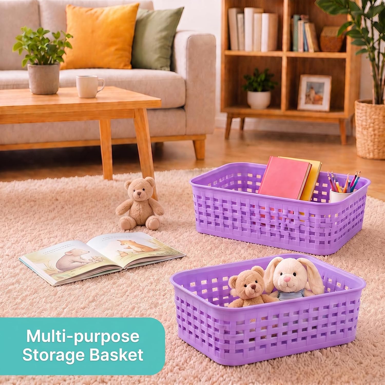 3Pcs Plastic Storage Baskets, Purple Plastic Basket, 7.9x4.7x2.4" | Lightweight Small Storage Bin Baskets, Organizer Bins Baskets for Cabinets Shelves Pantry Kitchen Bedroom Office