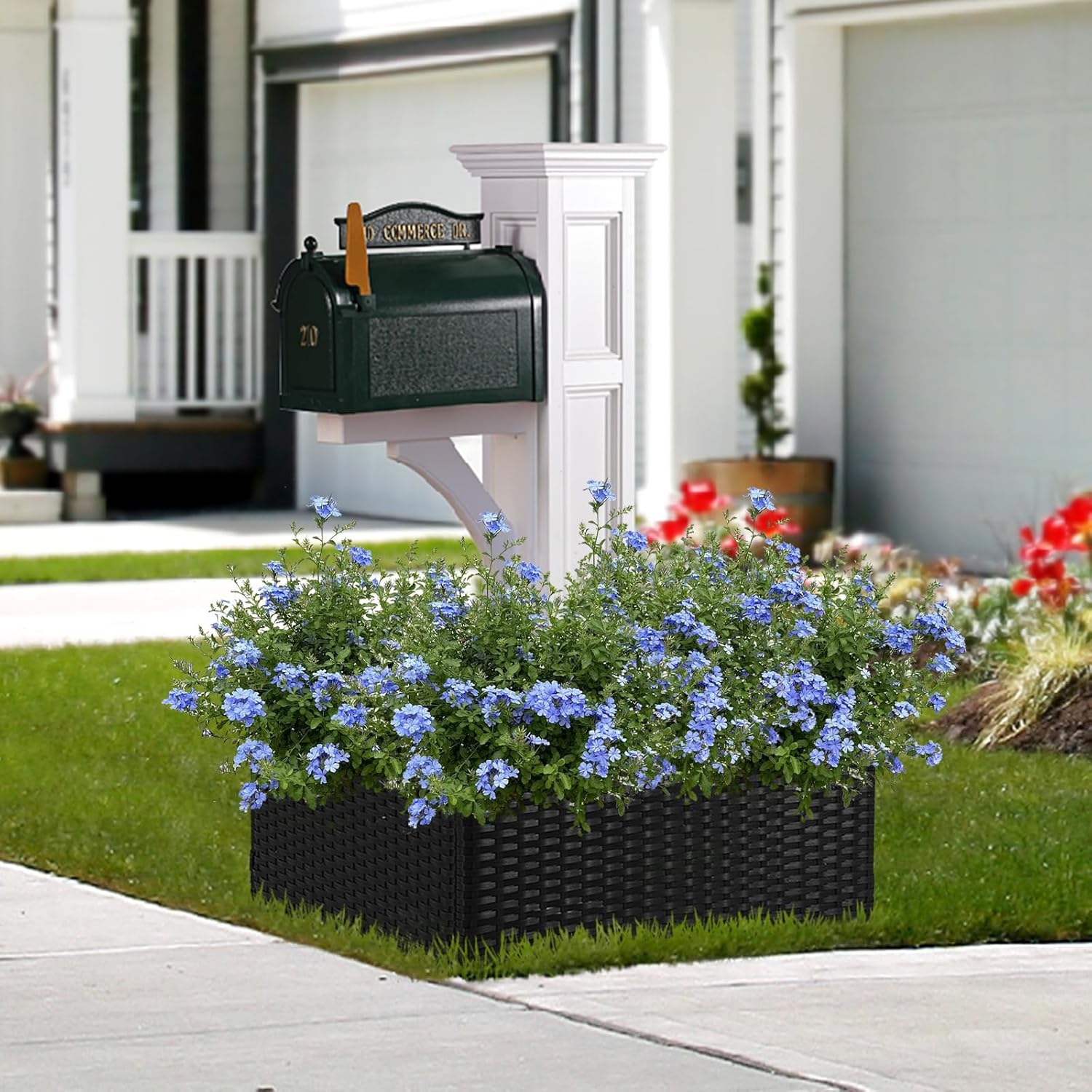 SUNNYPARK Mailbox Posts Wrap Planter Box, 24-inch Handmade Rattan Planter for 4x4 6x6 Posts, All-Weather Decorative Flower Box for Outside