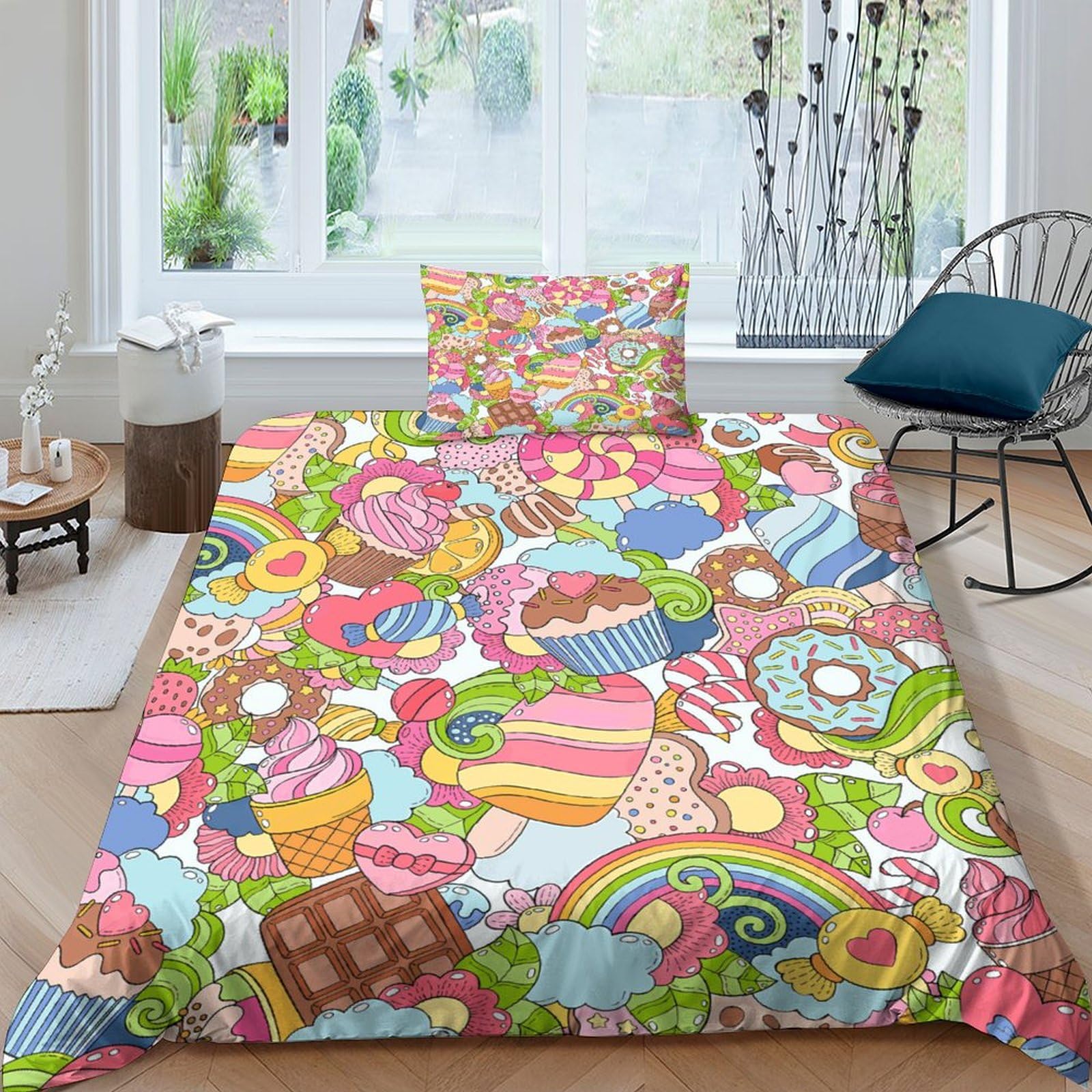 Housse de couette imprimé 3D gâteau chocolat parure lit microfibre anti-plis zippée
