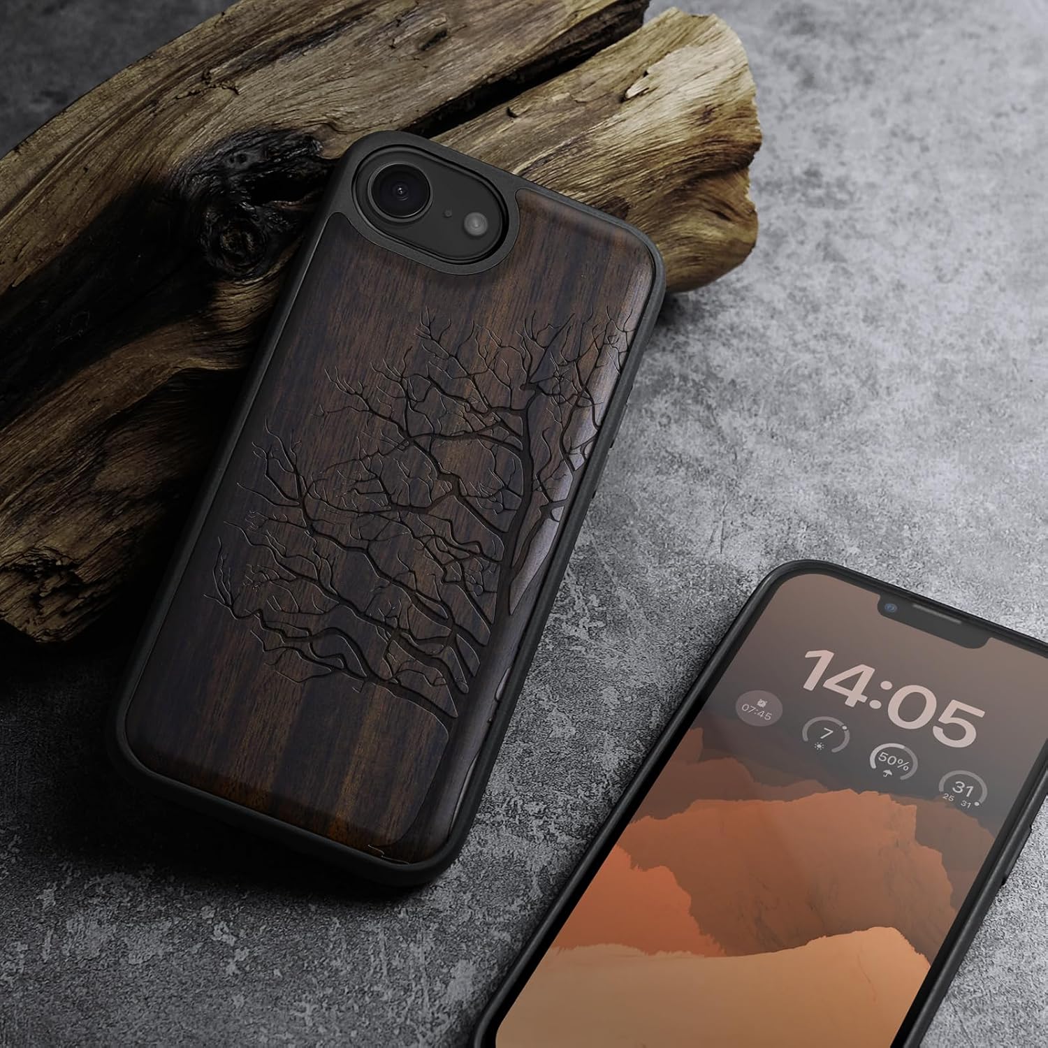 Carveit Magnetic Wooden Case for iPhone 16e / 17e, Solid Wood & TPU, Artisan Engraved Design, Shockproof Cover, Compatible with MagSafe Wireless Chargers, Eternal Tree - Blackwood