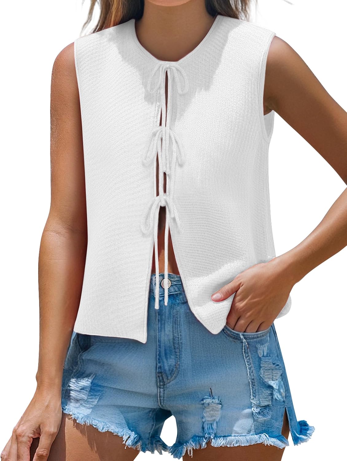 Mansy Women Tie Front Vest Top Y2k Knit Crew Neck Sleeveless Crop Sweater Tank Vintage Casual Streetwear
