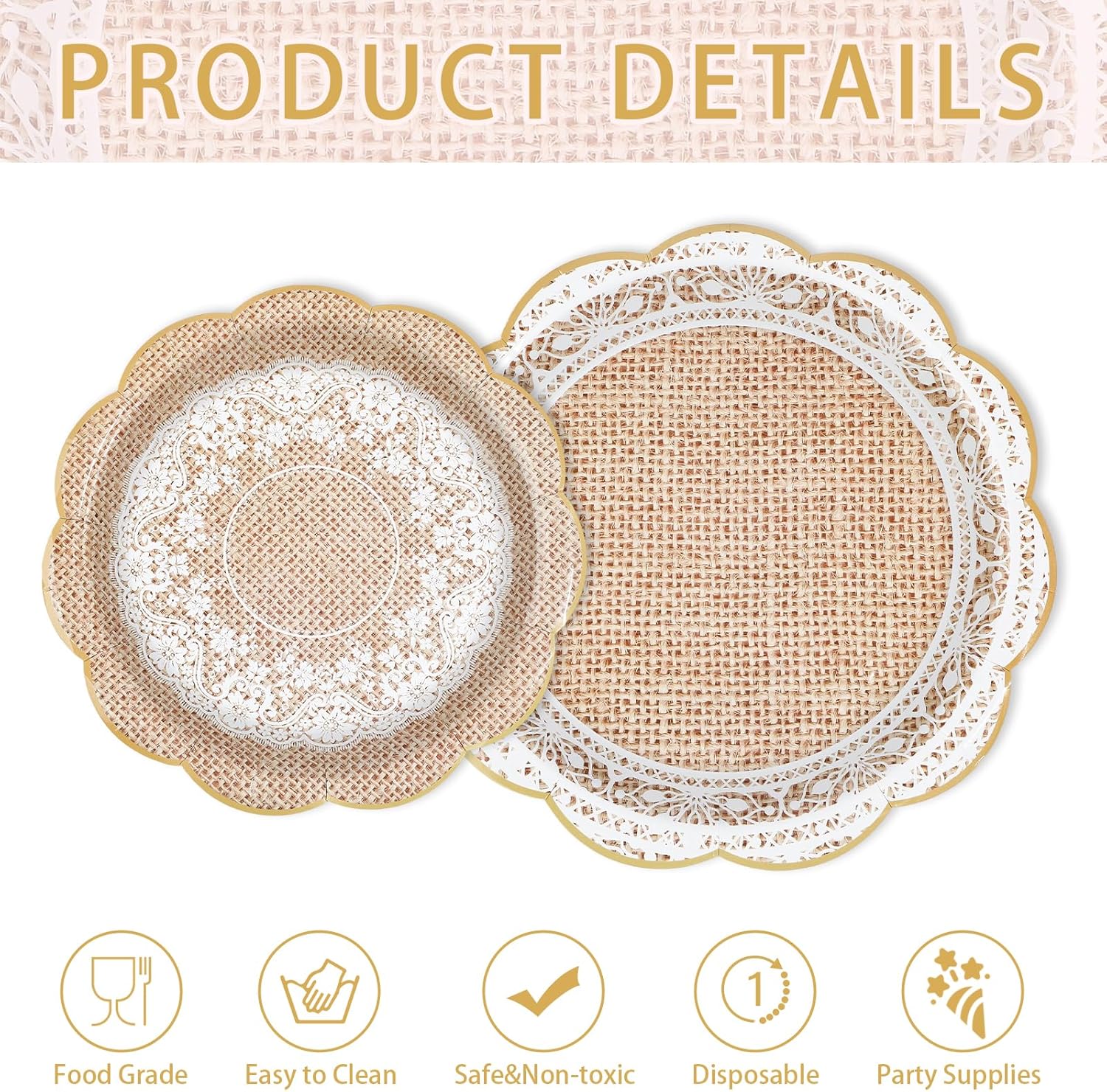 200Pcs Burlap and Lace Party Supplies Brown Burlap Paper Plates and Napkins Disposable White Lace Vintage Flower Scalloped Tableware Set for Spring Rustic Bridal Shower Wedding Birthday Serves 50