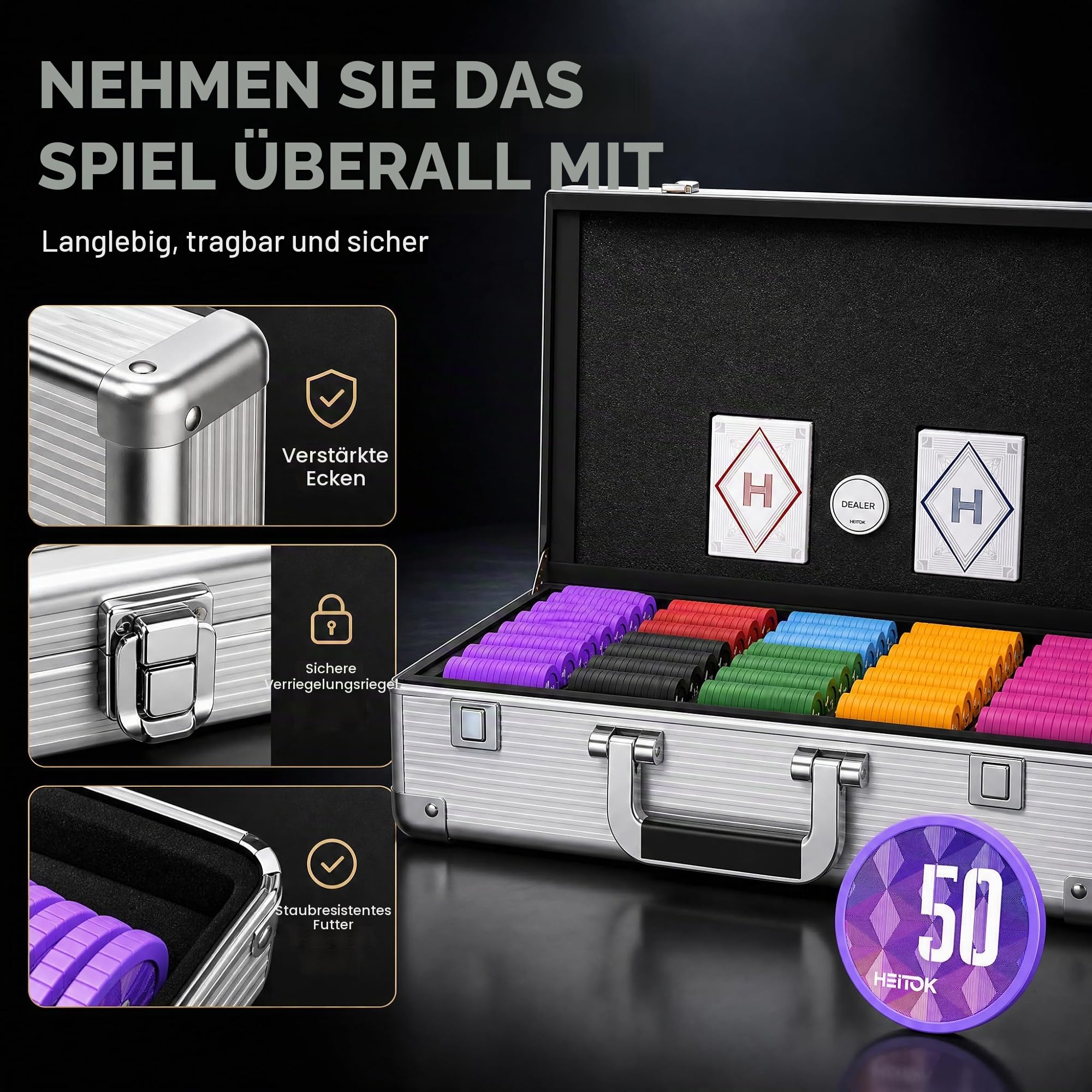 HEITOK Poker Set 1000 Chips – 11,5g ABS Pokerchips mit Werten – Robustes Set für Texas Hold'em & Casino Abende (Ohne Würfel) | 2-20 Spieler, gut lesbare Werte 1/5/25/50/100/500/1000, Diamantdesign, Karten, Würfel, Dealer Button, Blackjack