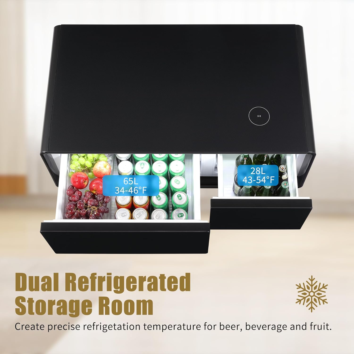 Open refrigerated drawers of the smart coffee table showing contents and temperature ranges
