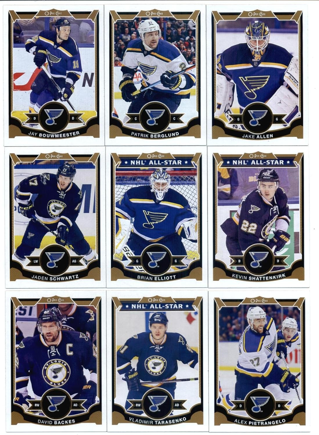2015-16 O-Pee-Chee Hockey St. Louis Blues Team Set of 16 Cards: Jake Allen, Jay Bouwmeester, Patrik Berglund, Kevin Shattenkirk, Jaden Schwartz, Brian Elliott, Alex Pietrangelo, Vladimir Tarasenko, David Backes, Steve Ott, Alexander Steen, Barret Jackman, Dmitrij Jaskin, Jori Lehtera, Paul Stastny, T.J. Oshie