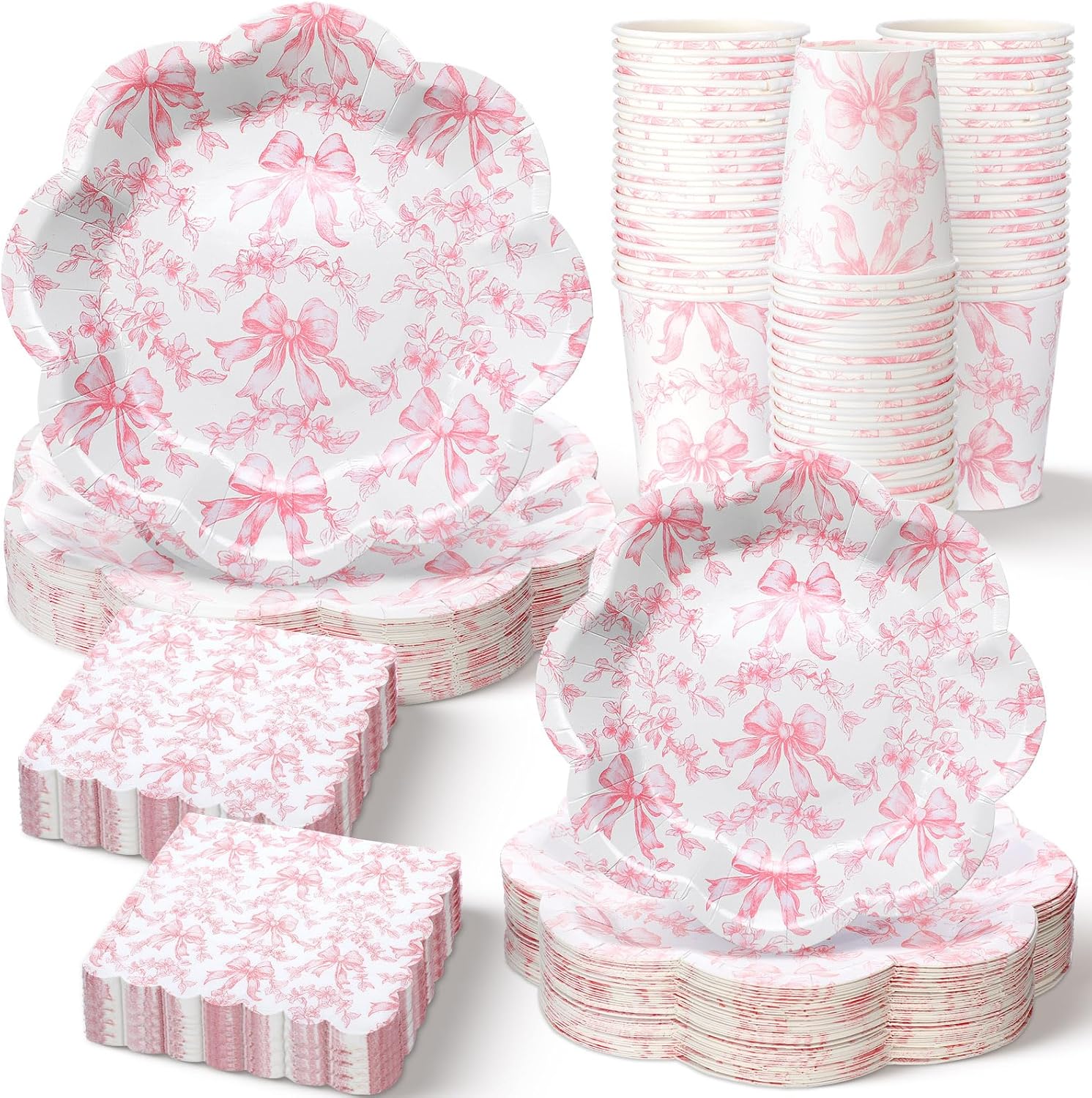250 Pcs Pink Bow Paper Plates and Napkins Coquette Valentine's Day Party Supplies Disposable Tableware Set for 50 Guests Pink Bow Paper Plates Napkins Cups for Baby Shower Birthday Decoration