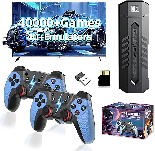 X2 Blue Retro Game Stick,Retro Game Console with Dual Rechargeable 2.4G Wireless Controllers,40000+ Games 40+ Emulators,Emuelec System,HD Output
