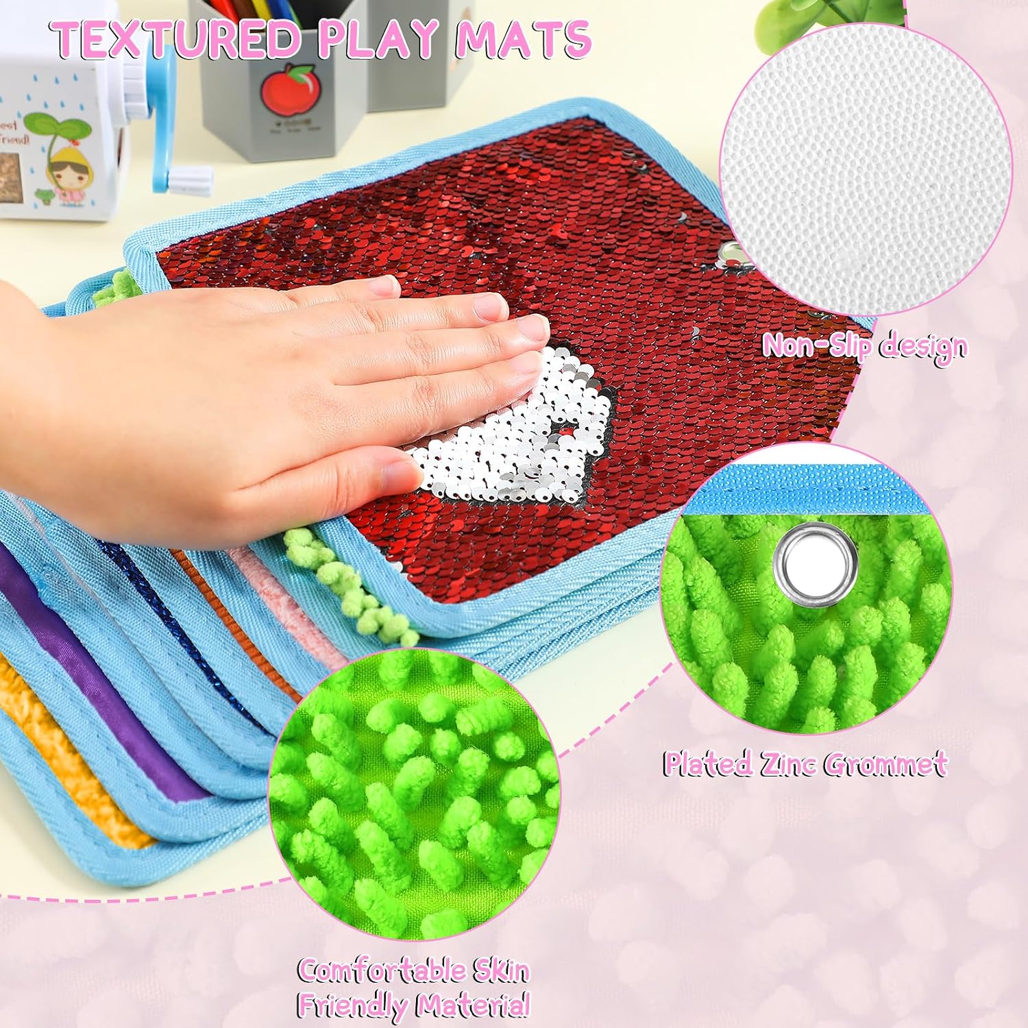 Boao 8 Set Mini Sensory Mats for Autism Kids Sensory Floor Tiles, Square
