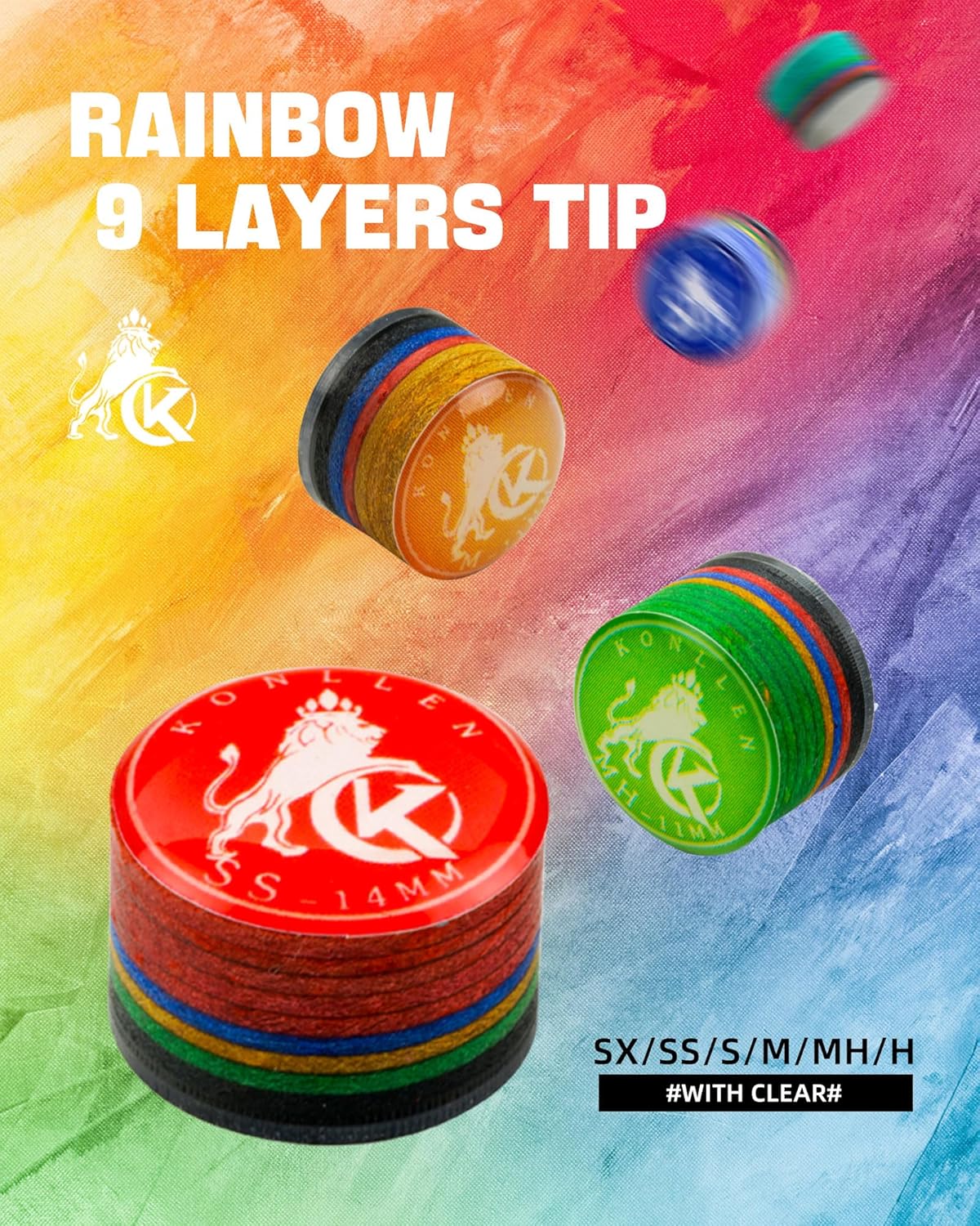 KONLLEN Pool Cue Tips 9 Layers Rainbow Billiards Tip (Hardness SX/SS/S/M/MH/H) (Size 11mm/14mm) Pool Cue Tip with Transparent Gasket Billiards Cue Accessories