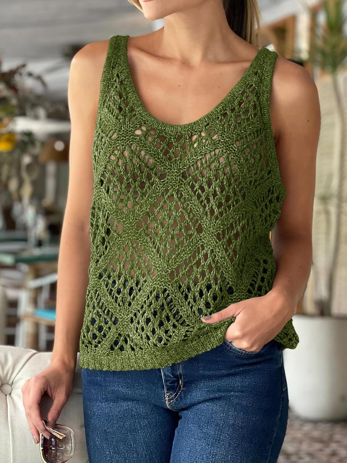 Imily Bela Womens Summer Crochet Tank Tops Knit Sleeveless Scoop Neck Sweater Vest Boho Hollow Out Cover Ups - Image 4