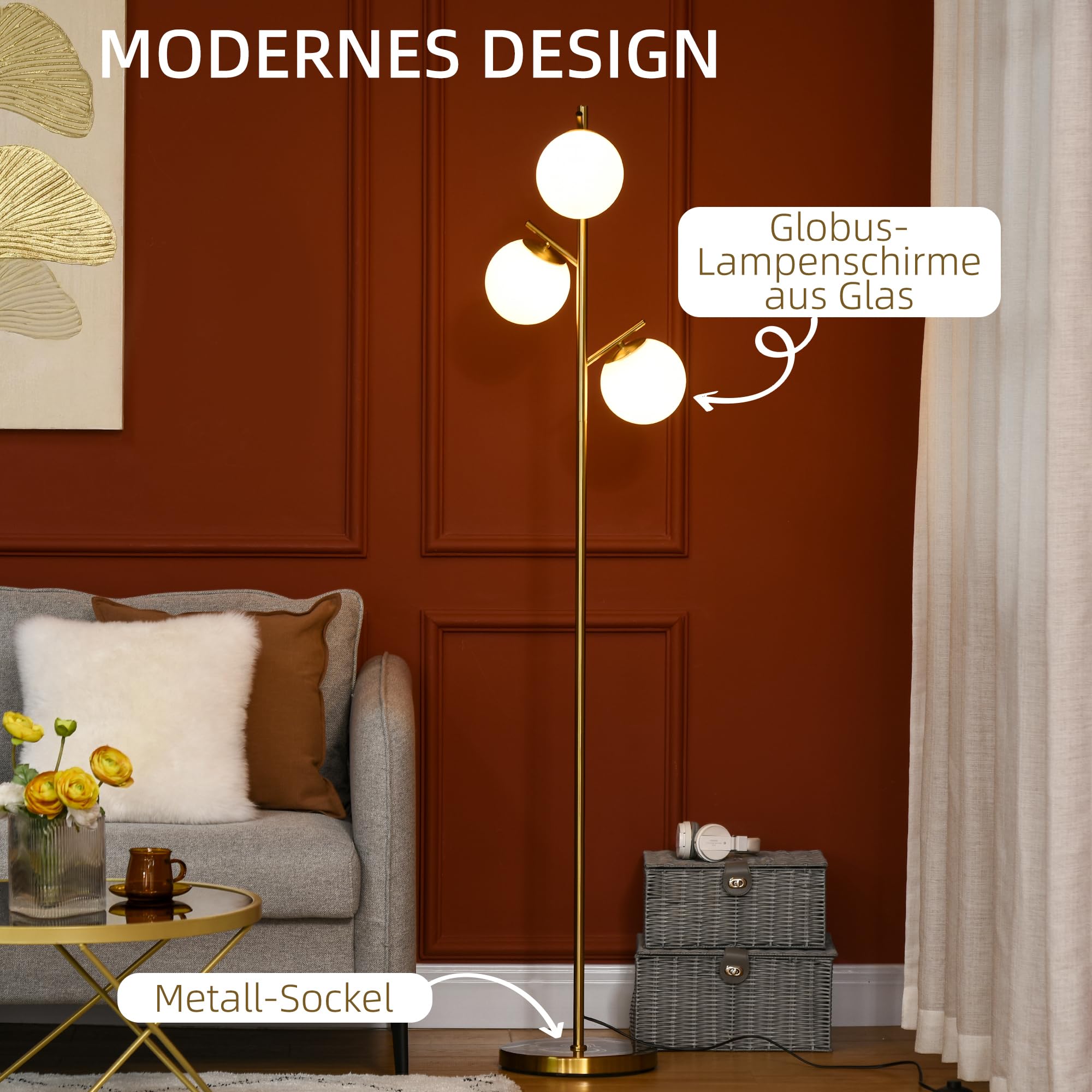 HOMCOM Stehlampe Wohnzimmer Stehleuchte Standleuchte mit 3 E27 Fassungen, 3 Lampenschirmen aus Glas, für Wohnzimmer Schlafzimmer, exkl. Glühbirne, Gold