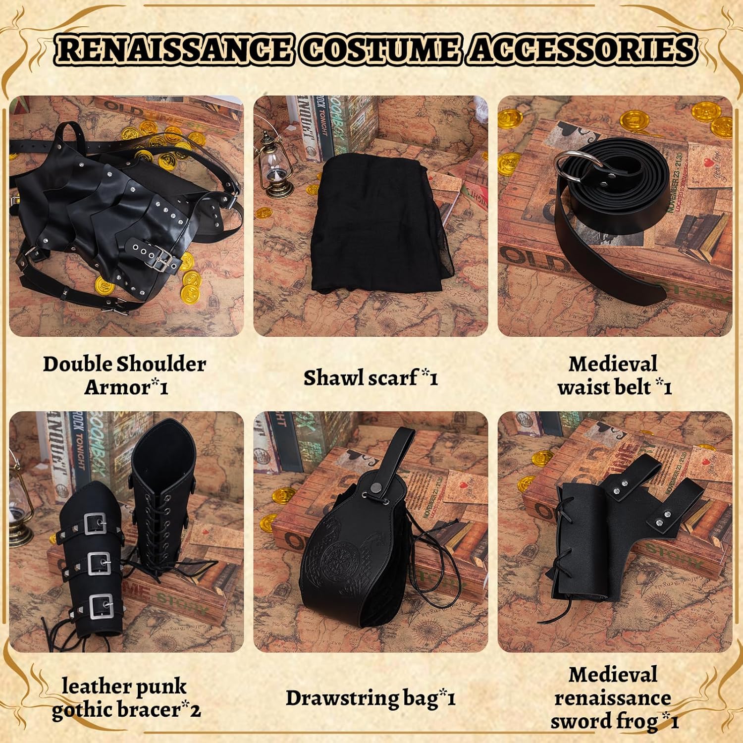 6 Pcs Medieval Knight Accessories Renaissance Viking Belt Pouch Arm Bracers Sword Frog Scarf,Double Shoulder Armor - Image 8