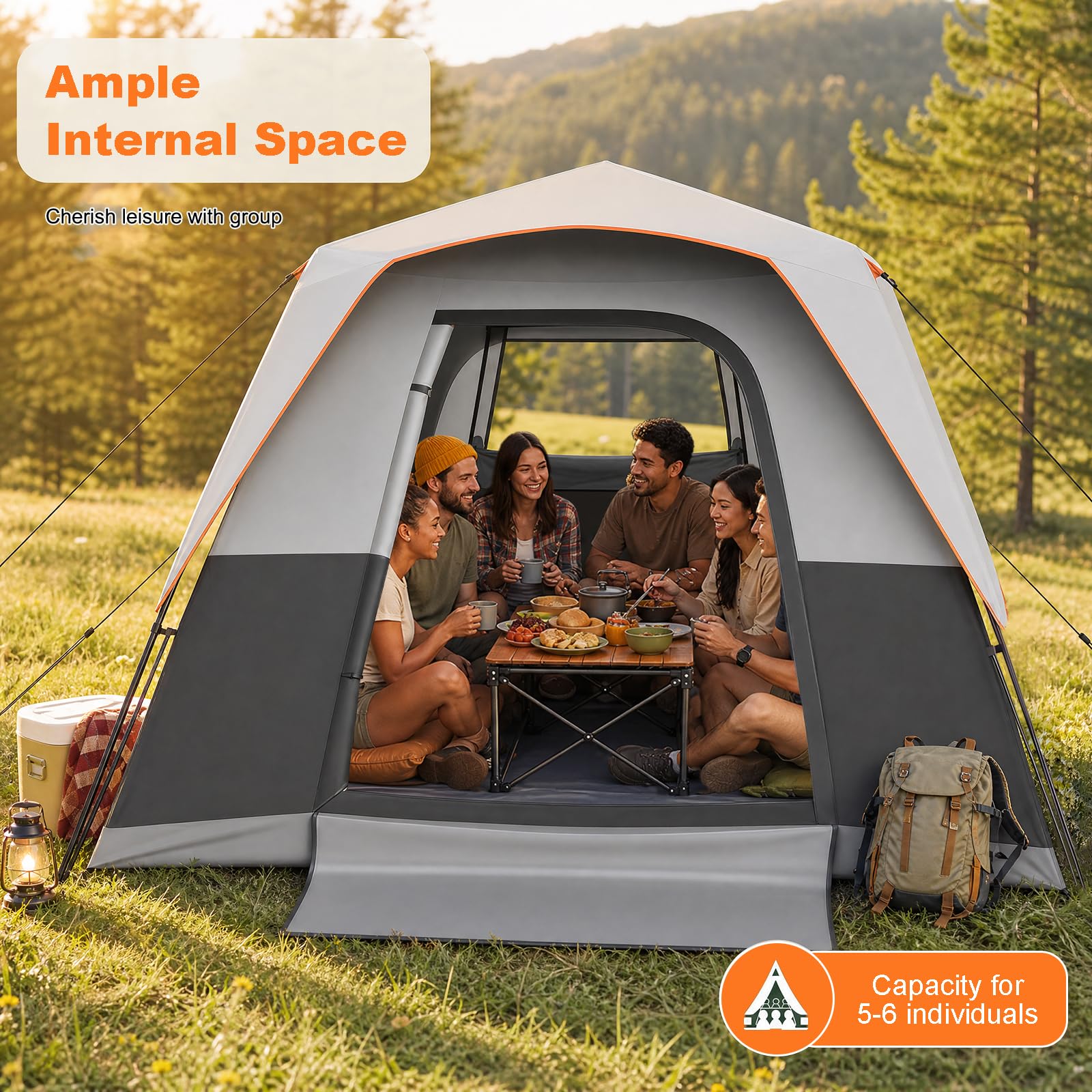 HOMASIS Tenda da Campeggio per 5-6 Persone, 276 x 275 x 185 cm | Tenda a Cabina da Esterno Impermeabile con Porta, Finestre e Lucernari in Rete, Borsa da Trasporto, per Viaggi e Escursionie