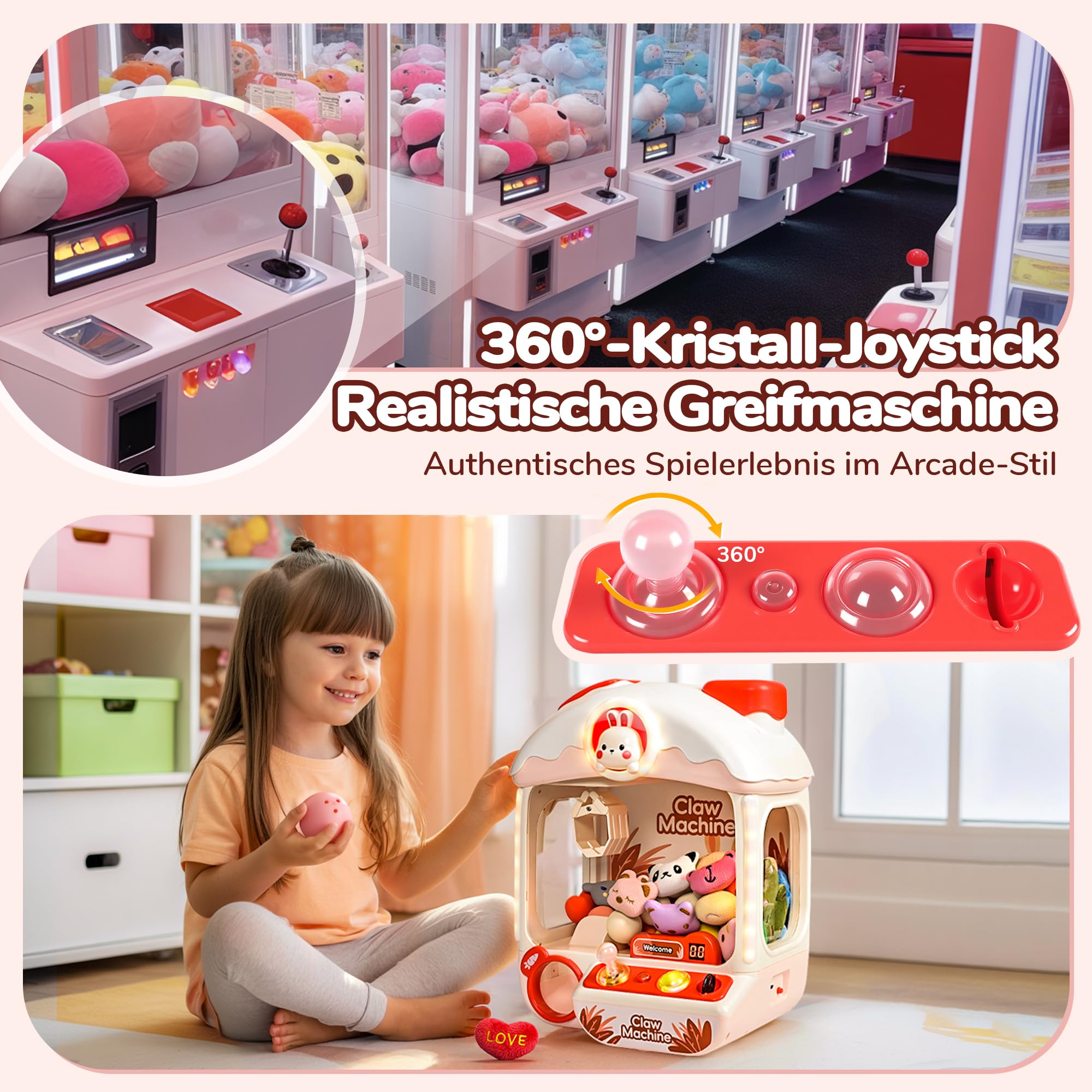 cossy Greifautomat, Greifautomat Kinder mit Licht und Musik, Süßer Kaninchen Candy Grabber mit 24 Spielmarken, 10 Spielzeugen und Kapselspielzeugen, Kinder ab 3 Jahren, Rosa