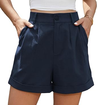 Jouica Womens Summer High Waist Shorts Roll Up Pleated Zippered Wrap Hem Wide Leg Shorts with Pockets