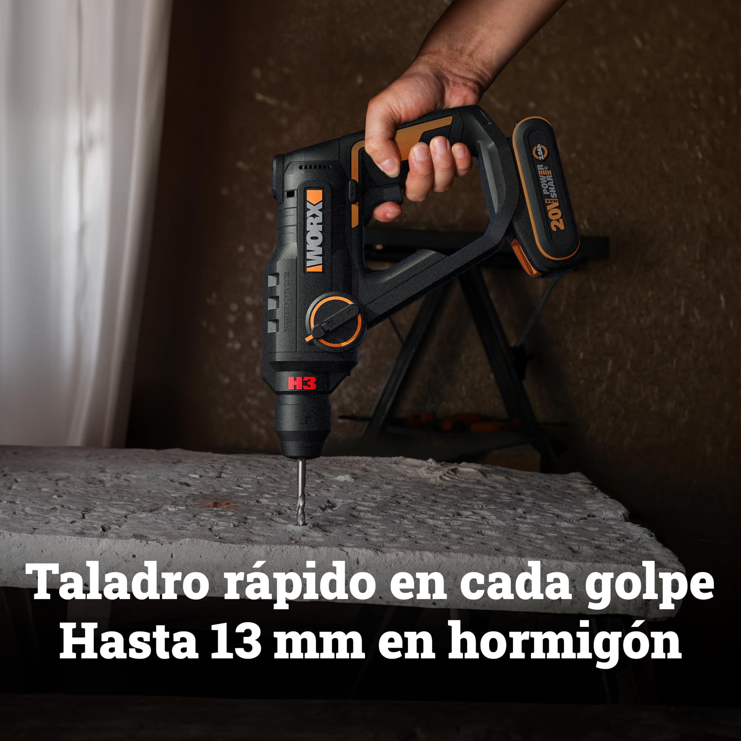 WORX WX391 Martillo perforador inalámbrico 20V, 1,2J, taladrado rápido en hormigón, 3 funciones en 1, 10 brocas para hormigón, madera y metal, batería de 2 Ah y cargador rápido de 2A