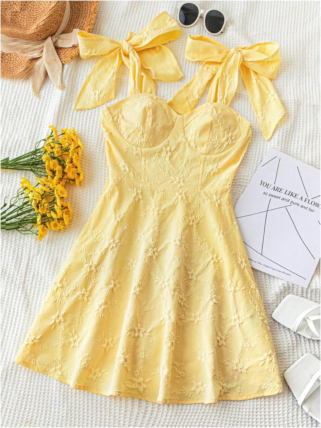 WDIRARA Women's Floral Textured Sleeveless A Line Mini Dress Bow Tie Shoulder Ruffle Cami Dresses - Image 3