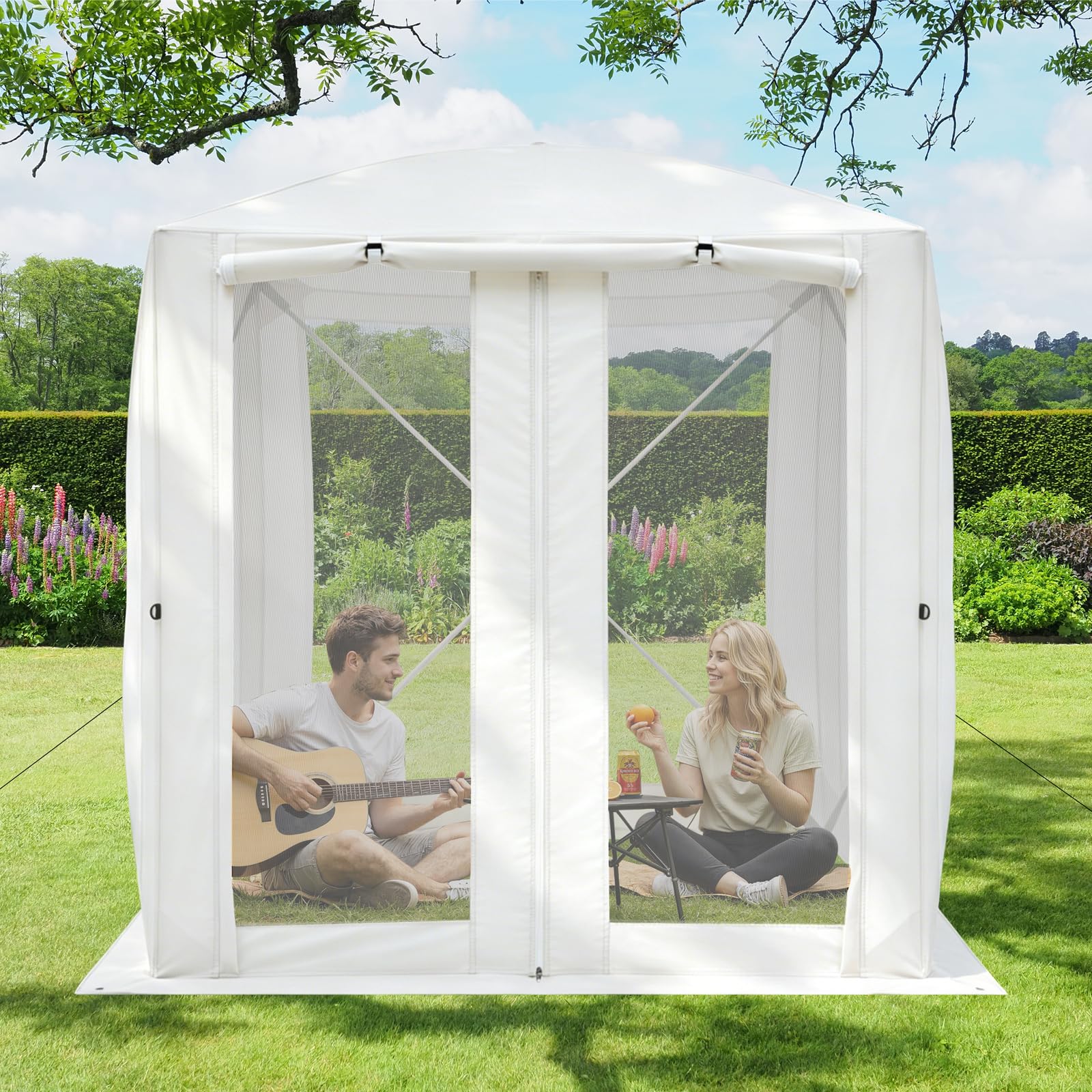 Goutime Tonnelle Pliante 150x150x190 cm, Protection 2-en-1 Contre Insectes | Imperméable avec protection solaire, tente de jardin pour camping et terrasse extérieure (Blanc)