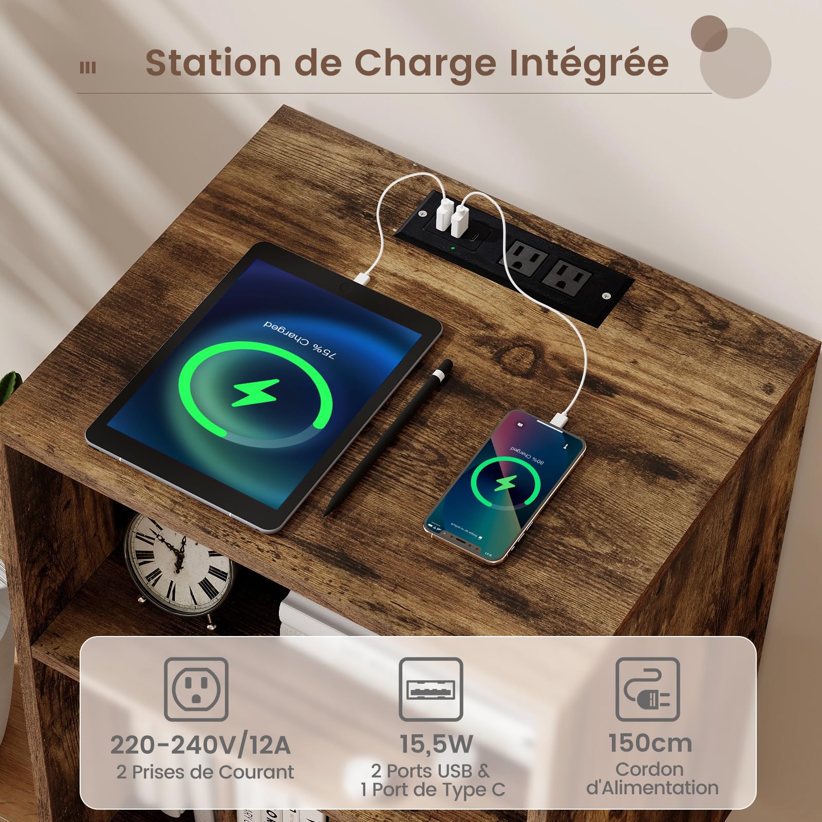GIANTEX Support Tourne-Disque Vinyle à 3 Niveaux, Table d'Appoint avec Station de Charge, USB Type C, 2 Prises, Meuble Tourne-Disque avec Pieds en Métal, 48 x 40 x 88 CM (Marron Routique)