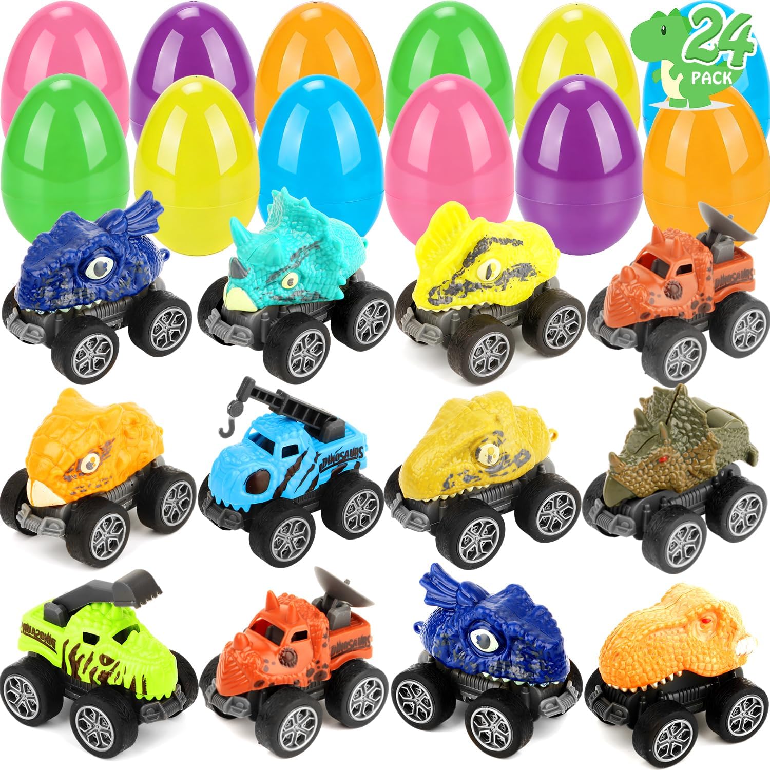24PCS Easter Egg Fillers Dinosaur Pull Back Cars, Easter Basket Stuffers for Kids, Mini Toy Cars for Egg Hunt, Party Favors, Classroom Prizes for Boys Girls