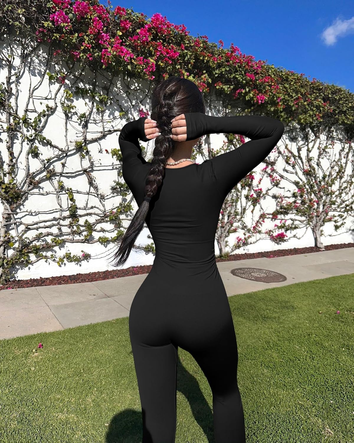 OQQ Women Jumpsuits Long Sleeve Deep V Neck Ruched Flared Jumpsuit - Image 3