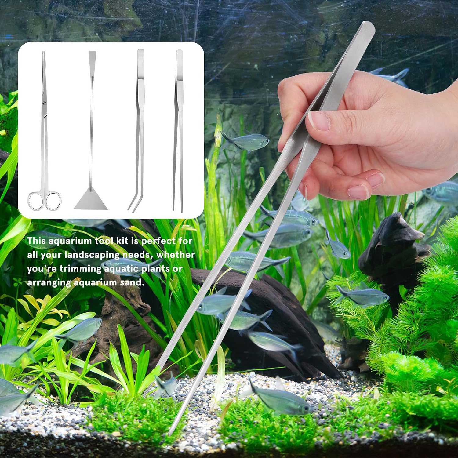 BESTYASH Aquascaping Tools Kit with Extended Handles Stainless Steel Silver | Aquarium Sand Trimming and Plant Straightening, Maintenance and Landscaping Use, Matching Aquatic Plants