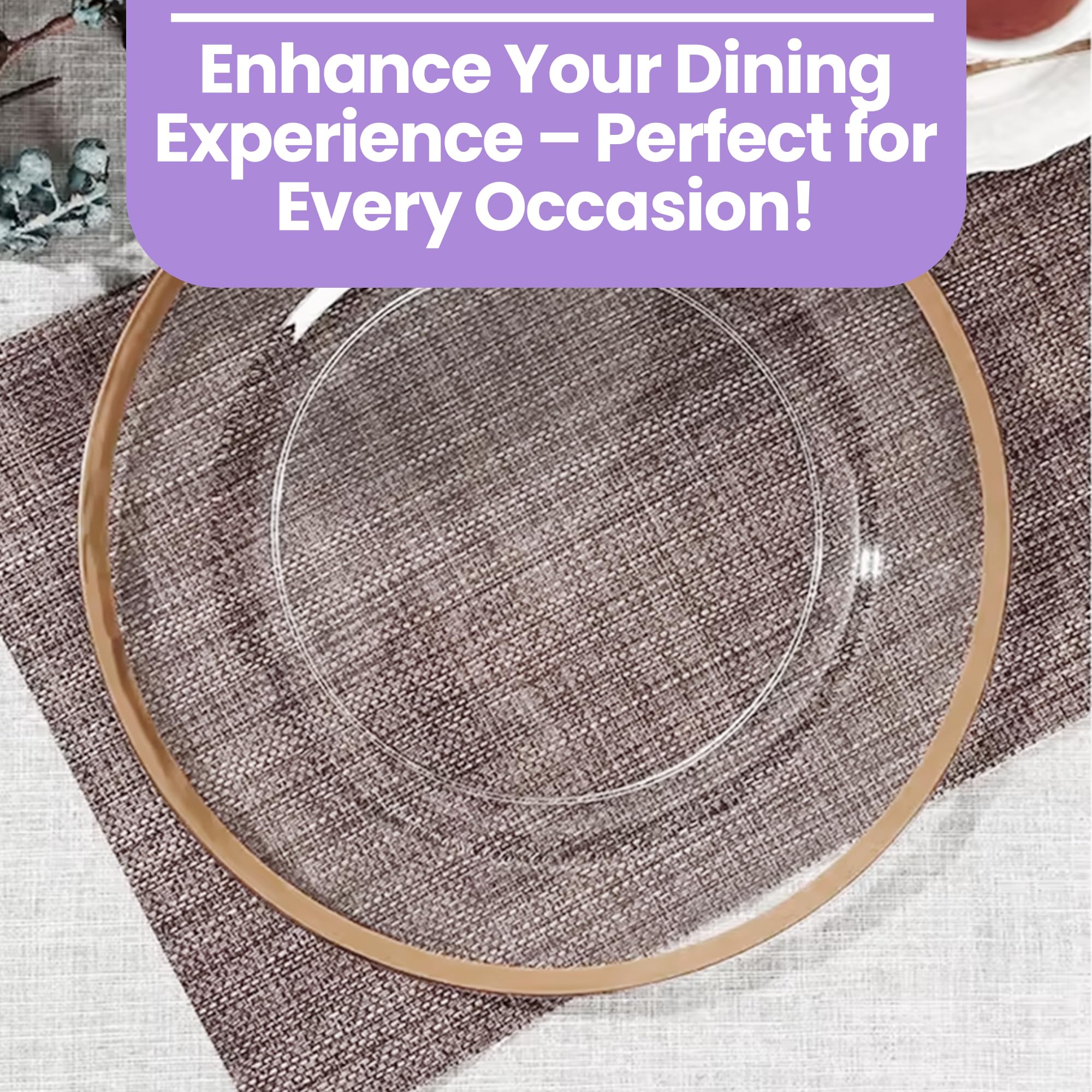 Plato de carga de cristal con borde de oro rosa de 33 cm, impresionante decoración de mesa de comedor para bodas, aniversarios, cumpleaños y eventos, elegante vajilla de fiesta para catering, comedor