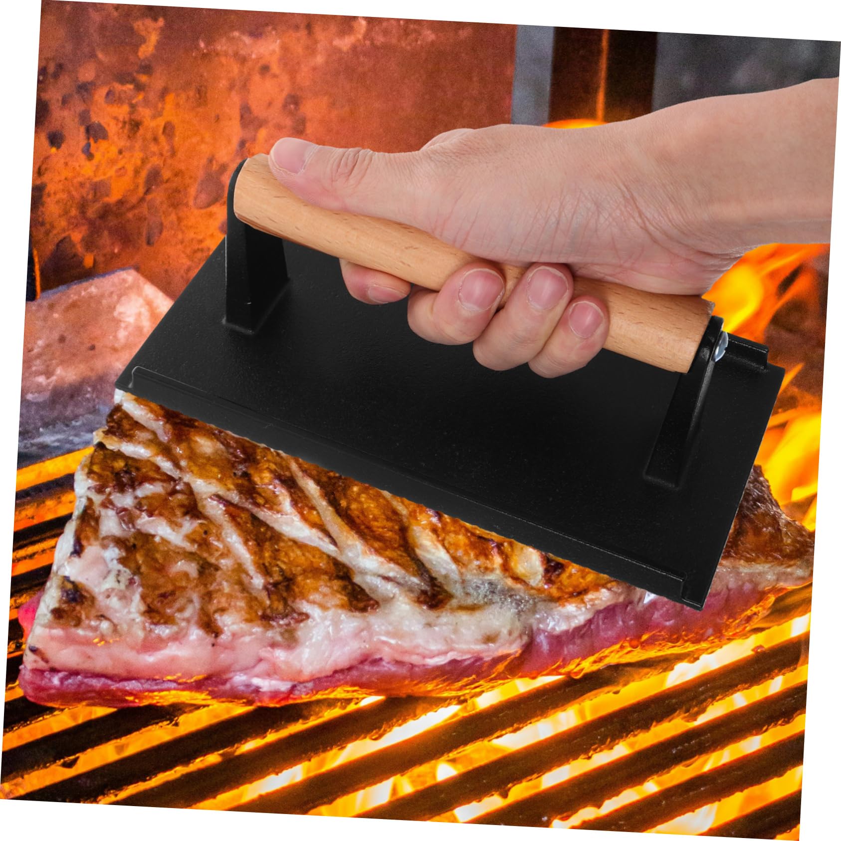 Mikikit Prensa para Hamburguesas y Carne Hierro Fundido 2 Piezas con Mango Madera Ergonómico Sin Recubrimiento Prensa Larga Multifunción para Barbacoa y Cocina Hogar
