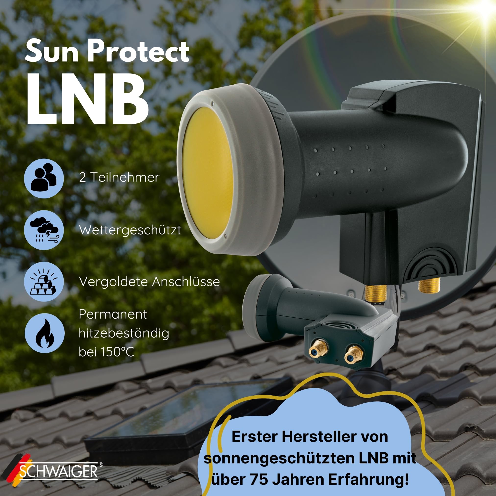 Goobay 67270 Universal Twin LNB digitale satellietontvangst 2 deelnemers directe digitale televisie UHD 8K F bus weersbescherming SAT DVB-S2 wit