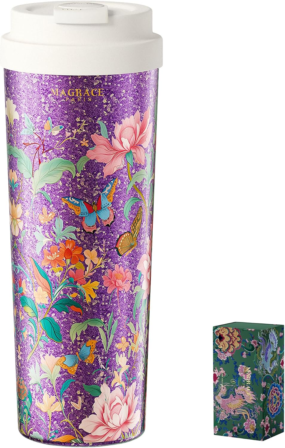 MAGRACE Premium Titanium Tumbler 27 oz, Double-Wall Vacuum Insulated Water Bottle, Leak-Proof Press-Open Lid, Elegant Design, Reusable Coffee Mug, Gift for Women & Men (Purple Butterfly)