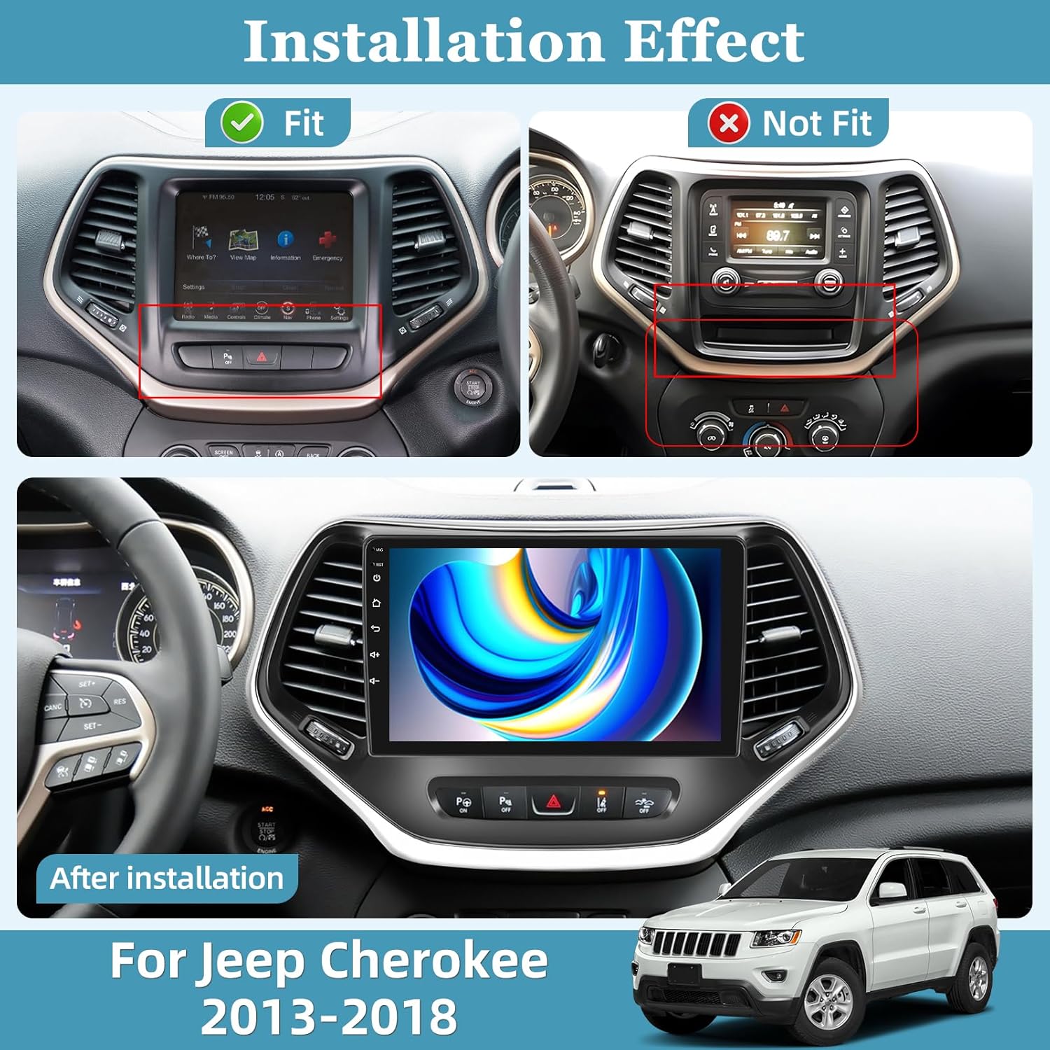 [2+64G] Car Radio for Jeep Cherokee 2013-2018 - Wireless Carplay and Android Auto - 10.1 Inch Touchscreen Android 13 Car Stereo - DSP/WiFi/GPS Navigation/SWC + AHD Backup Camera