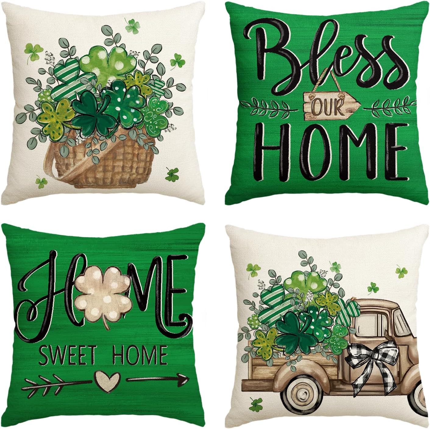 AVOIN colorlife ST Patricks Day Bless Our Home Clovers Basket Throw Pillow Covers, 18 x 18 Inch Home Stweet Home Shamrock Truck Decoration for Sofa Couch Set of 4