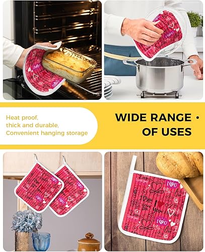 Miniatura 5 de 4 Packs Romantic Love Word Pot Holders Sets for Kitchen,Oven Pan Plate Bowl Pads Heat Proof Mat with Hanging Loop,Thick Terry Cloth Potholders Soft