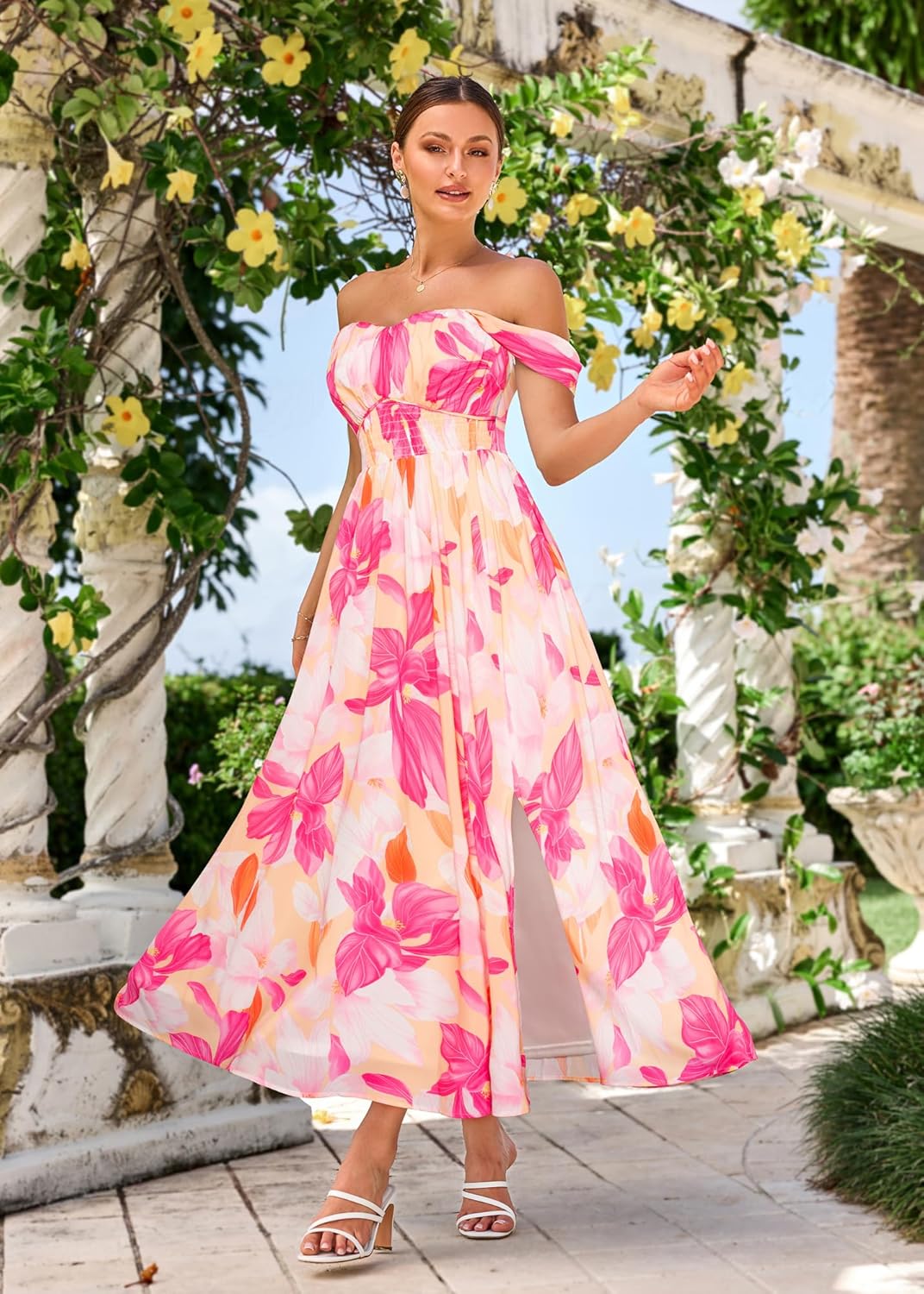 GRACE KARIN 2026 Women's Summer Floral Print Flowy A Line Maxi Dresses Sleeveless Smocked Off Shoulder Dress - Image 3