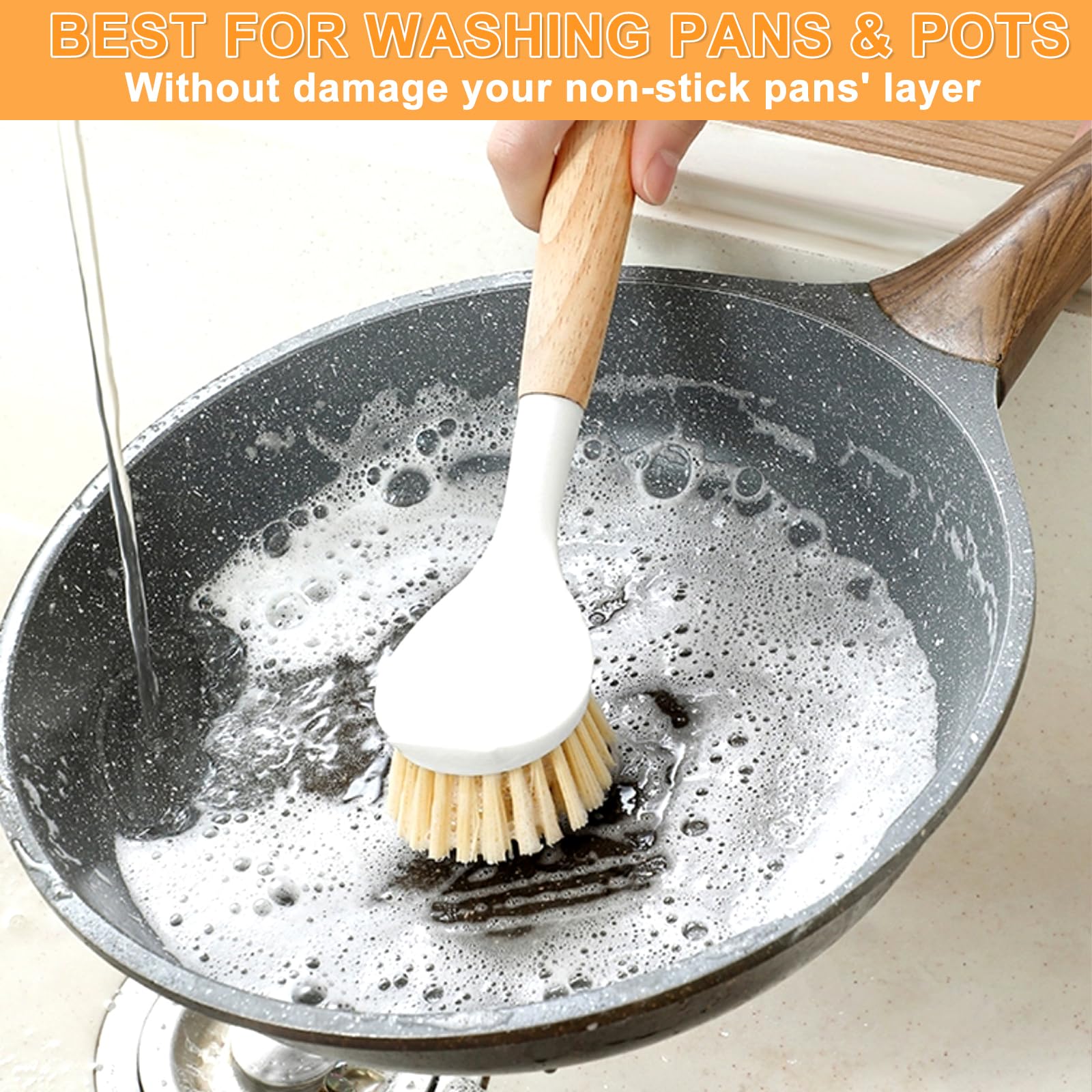 Generic Kitchen Dish Brush Bamboo Handle Dish Scrubber Built-in Scraper, Scrub Brush for Pans, Pots, Kitchen Sink Cleaning, Dishwashing and Cleaning Brushes are Perfect Cleaning Tools 2 Pack, White