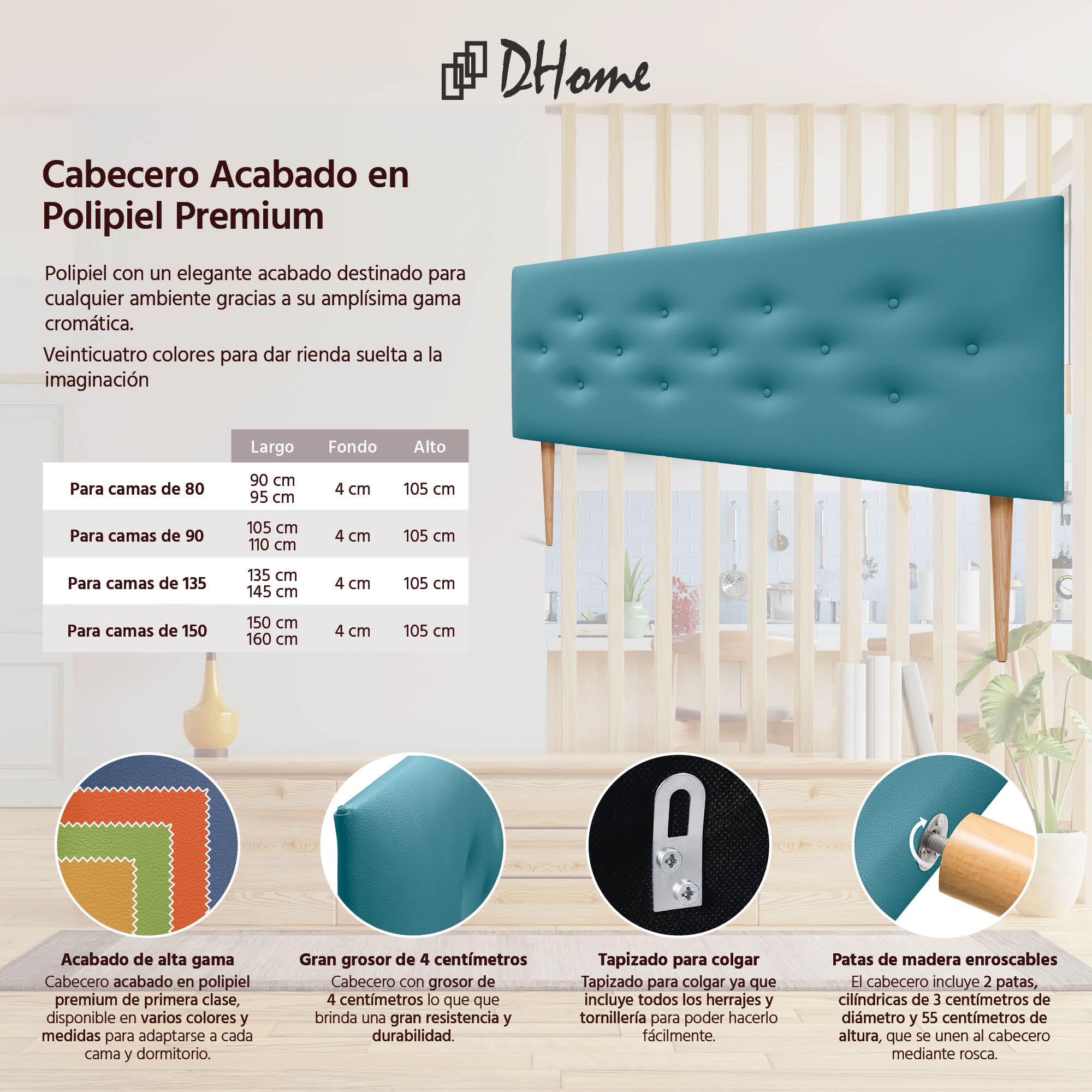 DHOME Testiera in Similpelle o Tessuto ACUALINE con 3 File Intervallate di Bottoni e Piedini Testata Imbottita Letto di Lusso (Similpelle Turchese, 135cm)