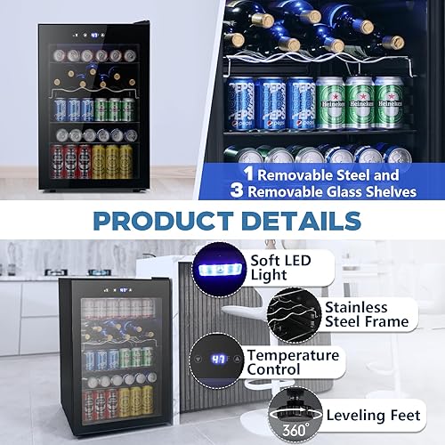 Miniatura 5 de Joy Pebble Refrigerador de bebidas, mini refrigerador de 145 latas con puerta de vidrio para vino de cerveza, soda, nevera pequeña con termostato
