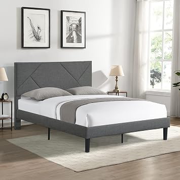 Full Size Platform Bed Frame with Fabric Upholstered Headboard and Wooden Slats Support, Fully Upholstered Mattress Foundation/No Box Spring Needed/Easy Assembly Grey, Full