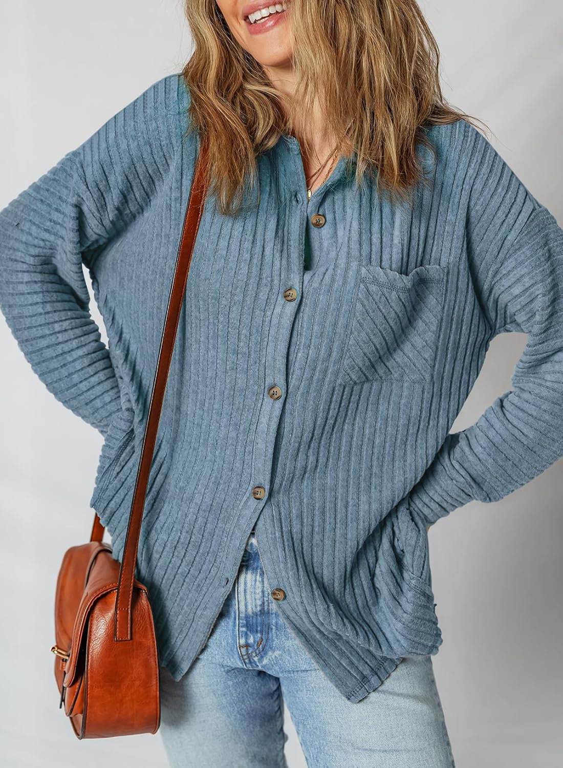 SHEWIN Womens Ribbed Knit Shacket Jacket Casual Long Sleeve Button Down Shirts Loose Sweater Tops Dressy Blouses with Pocket - Image 3