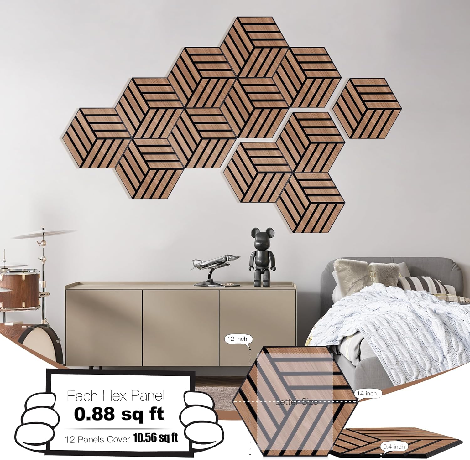 Mollywell Acoustic Panels, PVC Wood-Grain, 14x12 Inch Hexagon Carved Sound Proof Wall Tiles, Self-Adhesive High Density Felt for Home Theater/Studio/Office Echo Reduction, 12 Pack Walnut, TH4