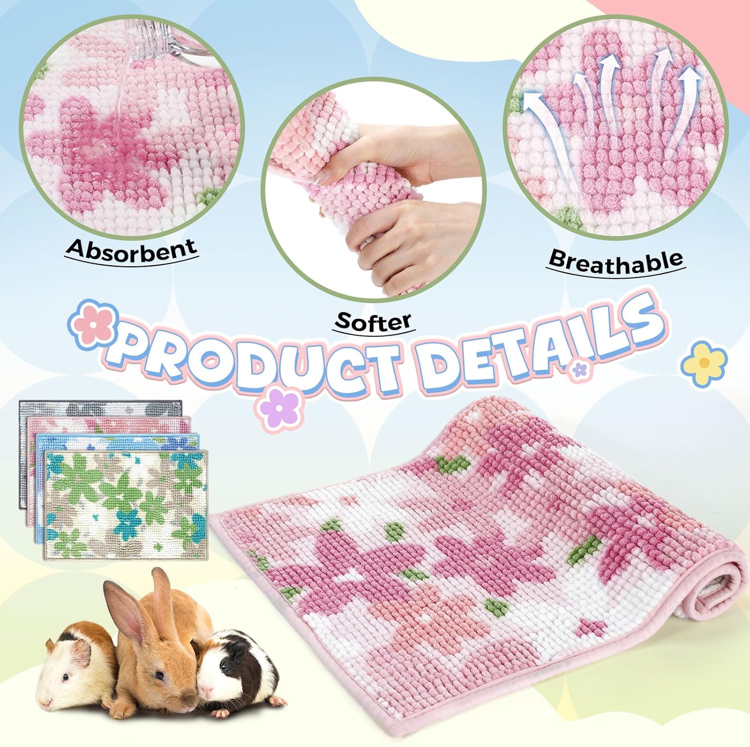 Barydat 8 Pcs Guinea Pig Cage Liner Pet 16 * 24 inch Washable Pee Pads Reusable Guinea Pig Mat Absorbent Rabbit Bedding Mat Training Pad for Guinea Pig Bunny Chinchilla, 4 Colors