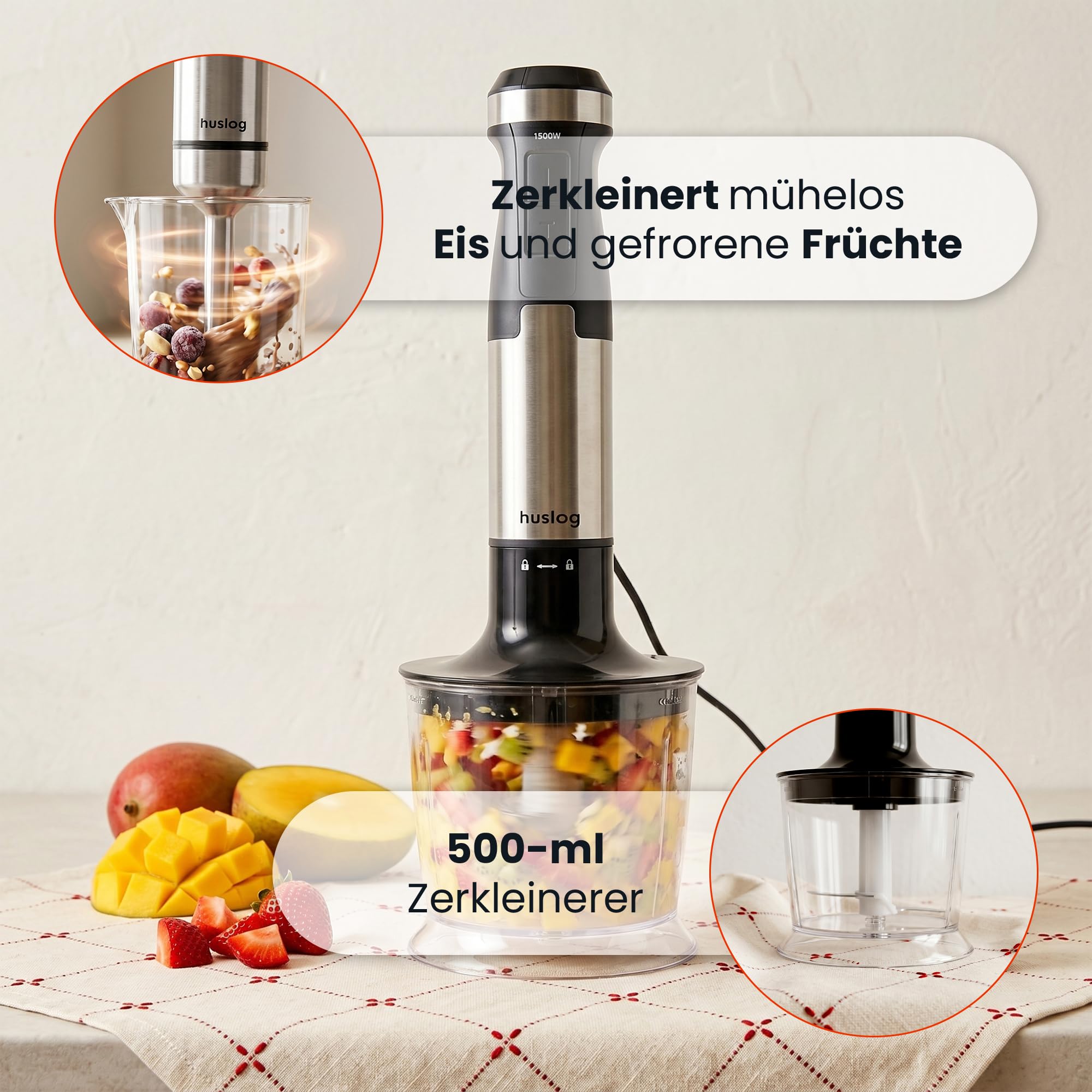 BlendPlus Stabmixer 3in1 – 1500W Hochleistungsmixer mit Edelstahlklingen, Zerkleinerer, Schneebesen & 600ml Messbecher – Stufenlose Geschwindigkeit & Turbo-Funktion – Edelstahl/Schwarz