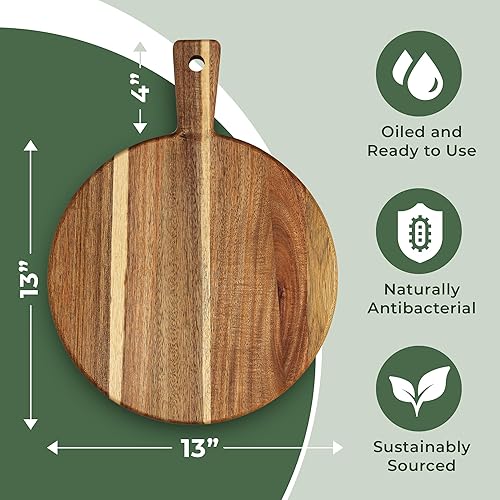 Vista 19 de Tabla de cortar de madera de acacia y tabla de cortar con mango para carne, tabla de queso, verduras, pan y embutidos – Tabla decorativa de madera