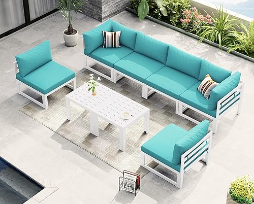 Miniatura 901 de NICESOUL 7 Piece White Powder-Coated Aluminum Patio Furniture with Fire Pit Table, 29 Inch Extra Wide Outdoor Sectional Sofa for 6, High-End Heavy
