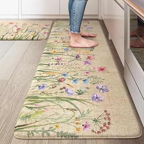 Miniatura 16 de KIMODE Tapete Antifatiga de Cocina para Piso, Juego de 2 Alfombras de Cocina Florales Estilo Granja, Tapetes de Piso de Cocina Antideslizantes,